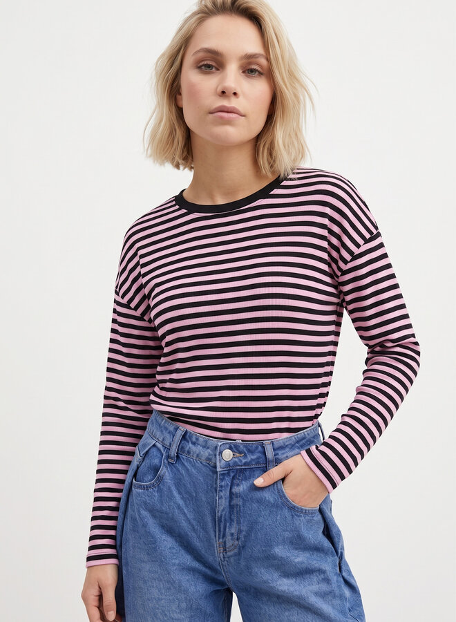 Longsleeve gestreept chocolade roze
