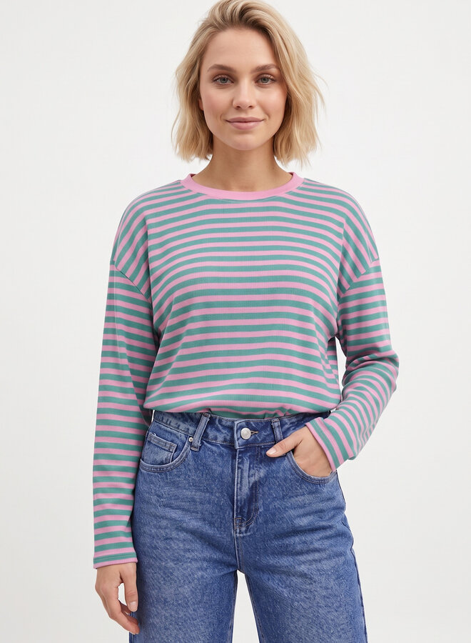 Longsleeve gestreept roze groen