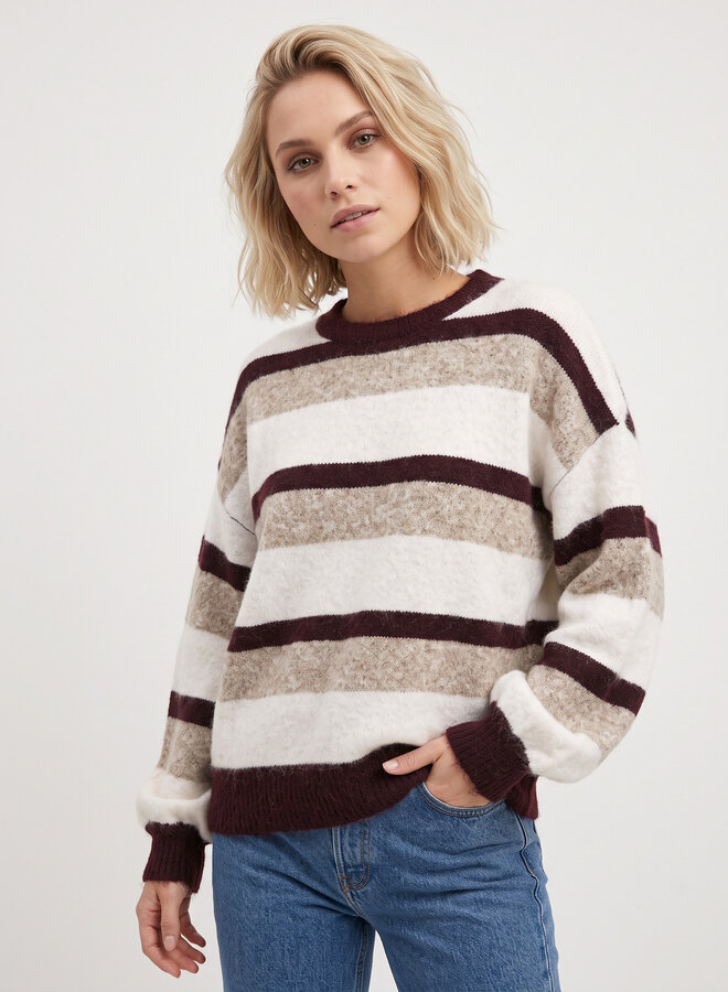 Zachte gestreepte trui beige/burgundy