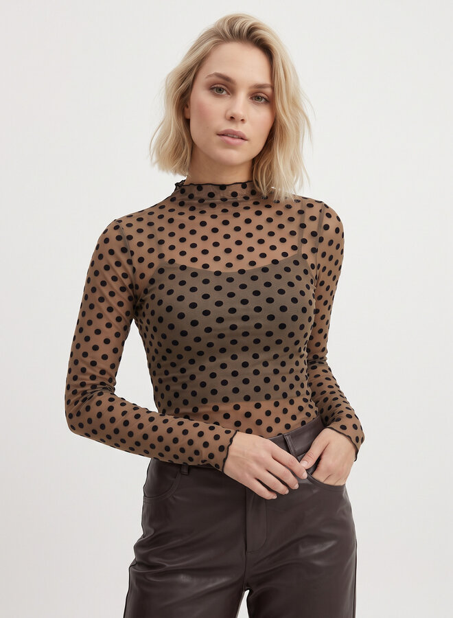 Mesh top transparant dots bruin