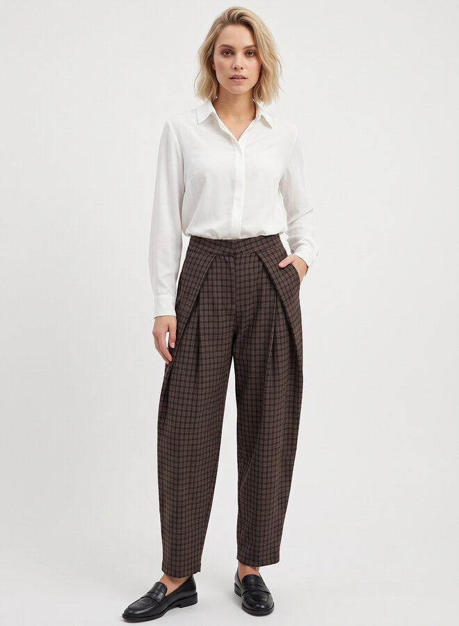 Pantalon met wijde plooi ruit bruin