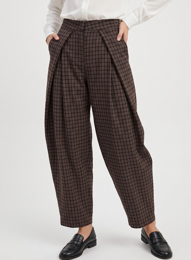 Pantalon met wijde plooi ruit bruin
