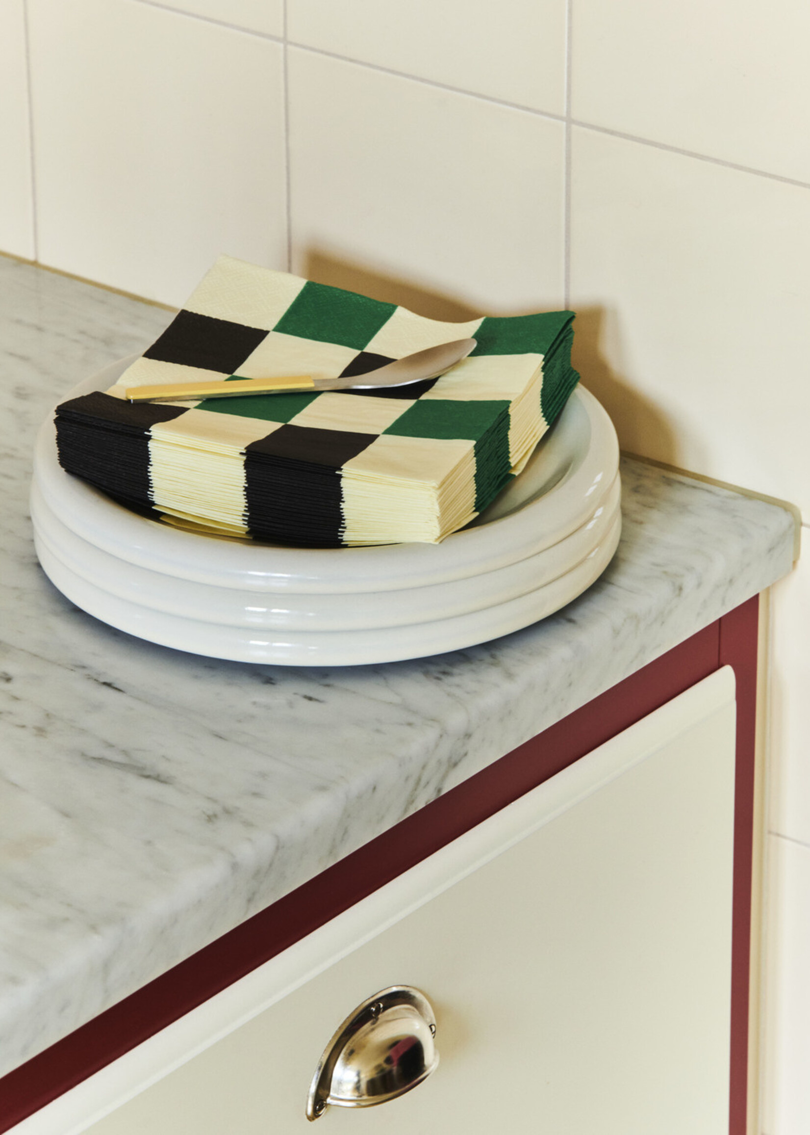 Hay Pattern Napkins-Off-white, green and black M check