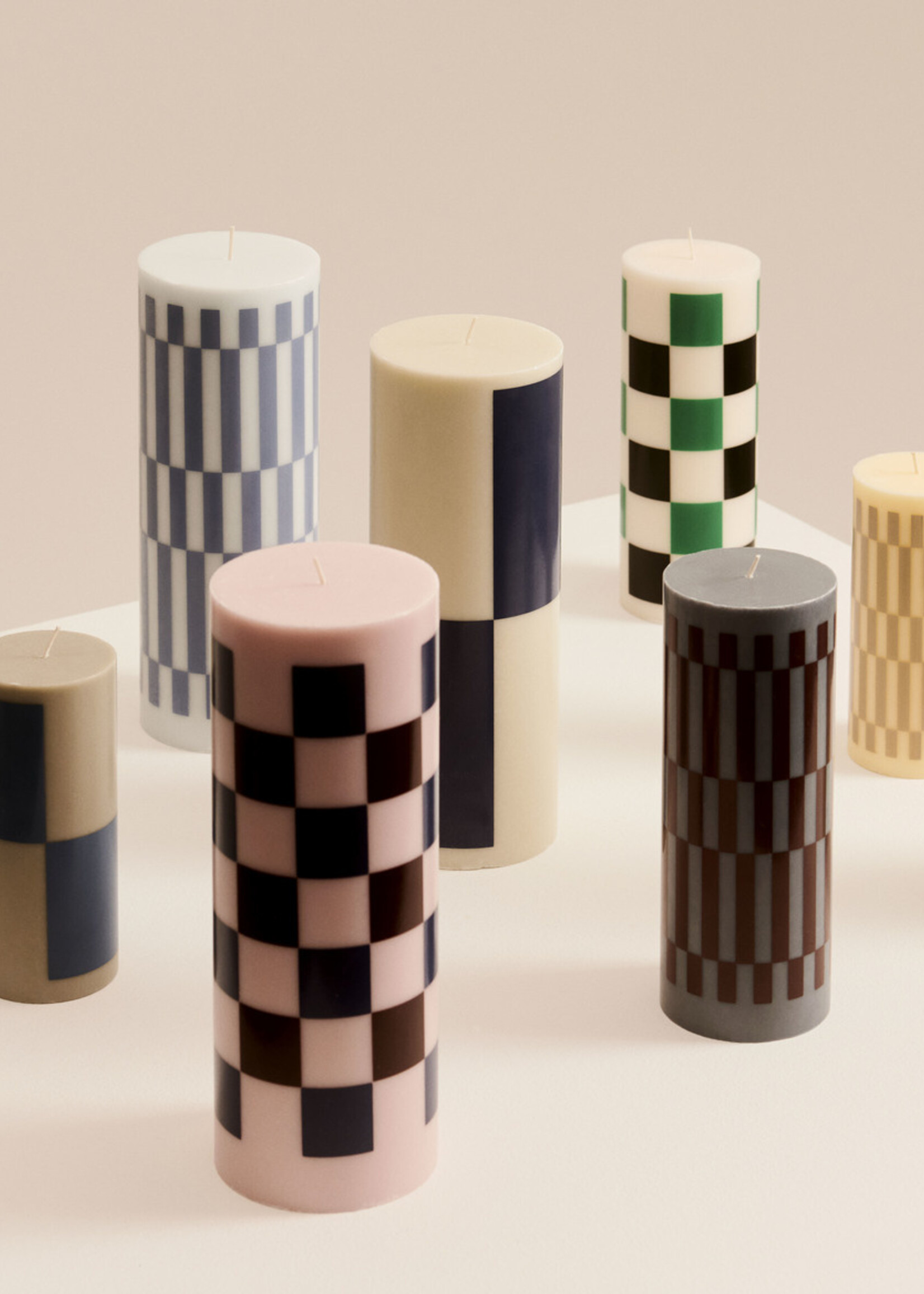 Hay Column Candle - Medium - Off-white, green and black check
