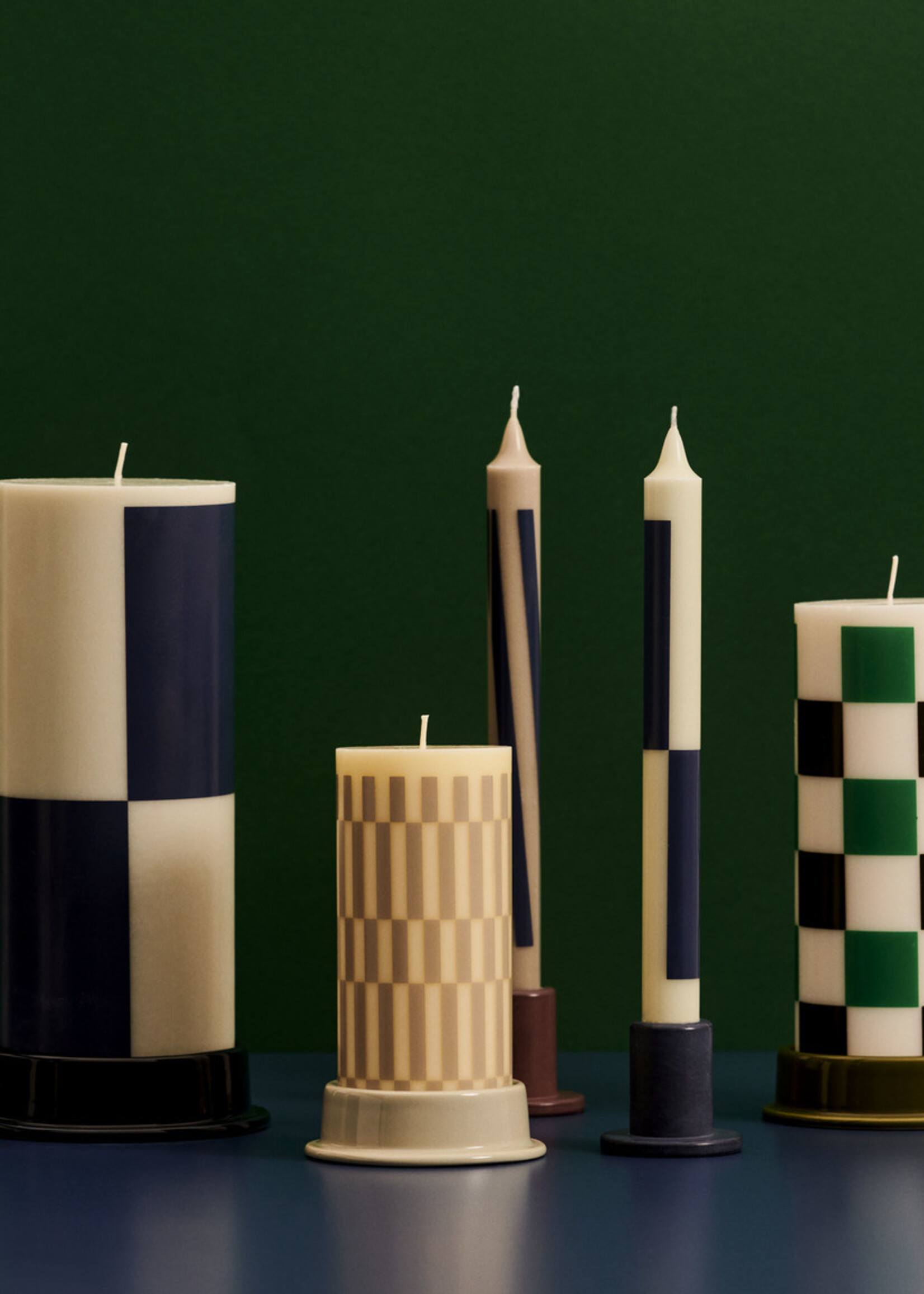 Hay Column Candle - Medium - Off-white, green and black check