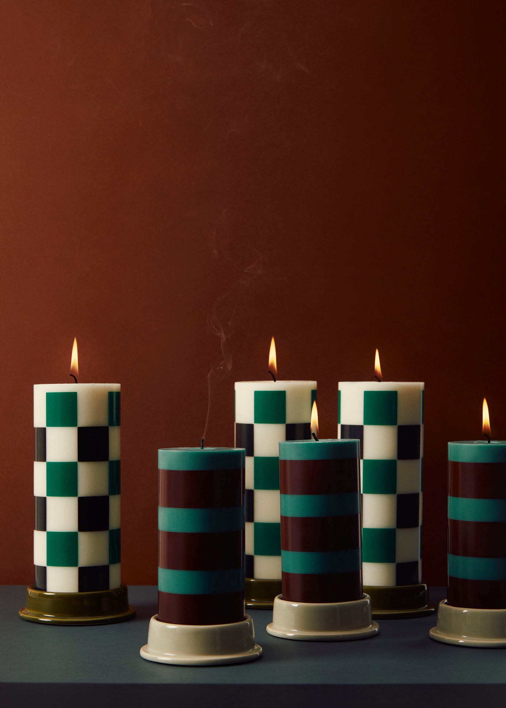 Hay Column Candle - Medium - Off-white, green and black check