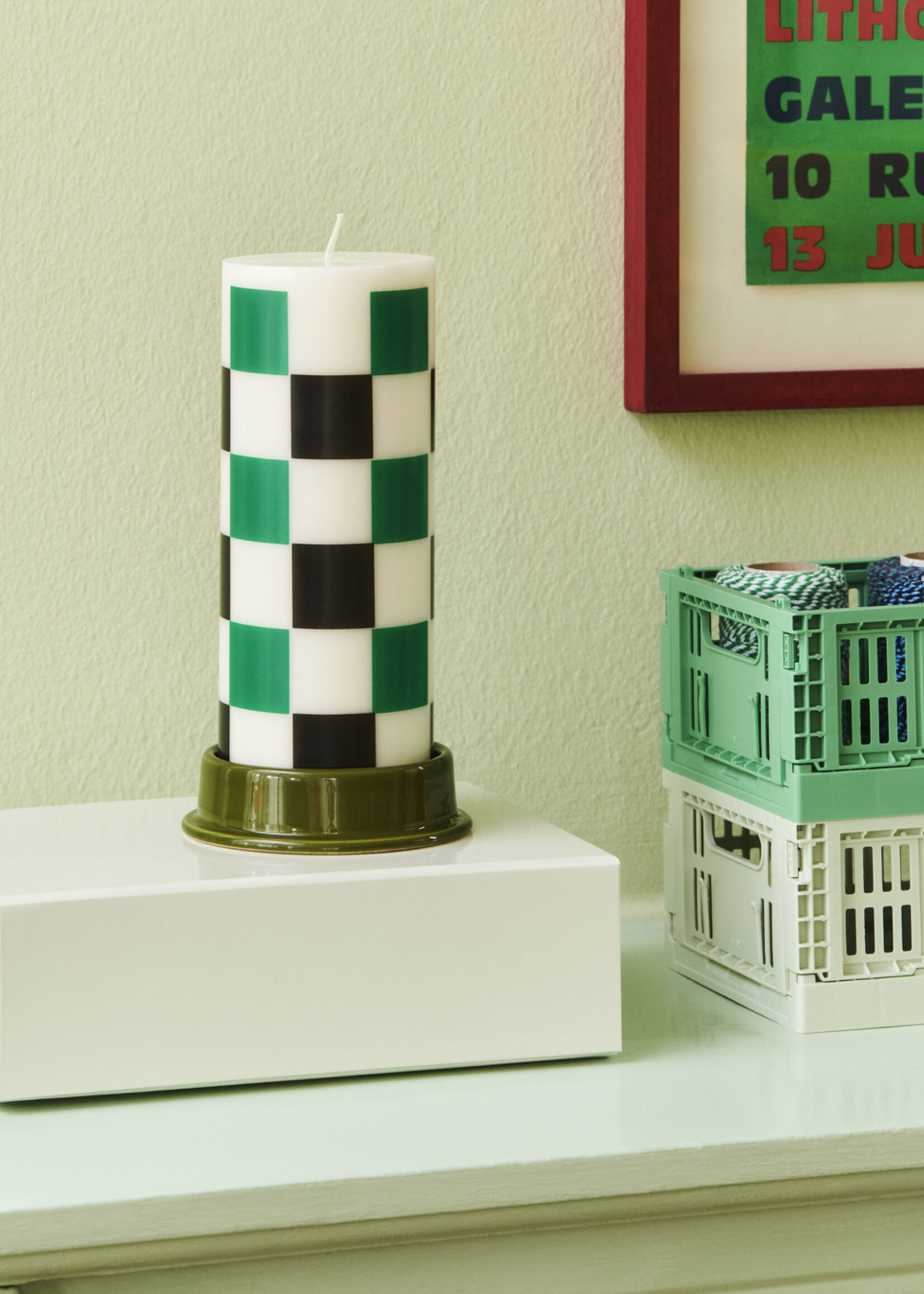 Hay Column Candle - Medium - Off-white, green and black check
