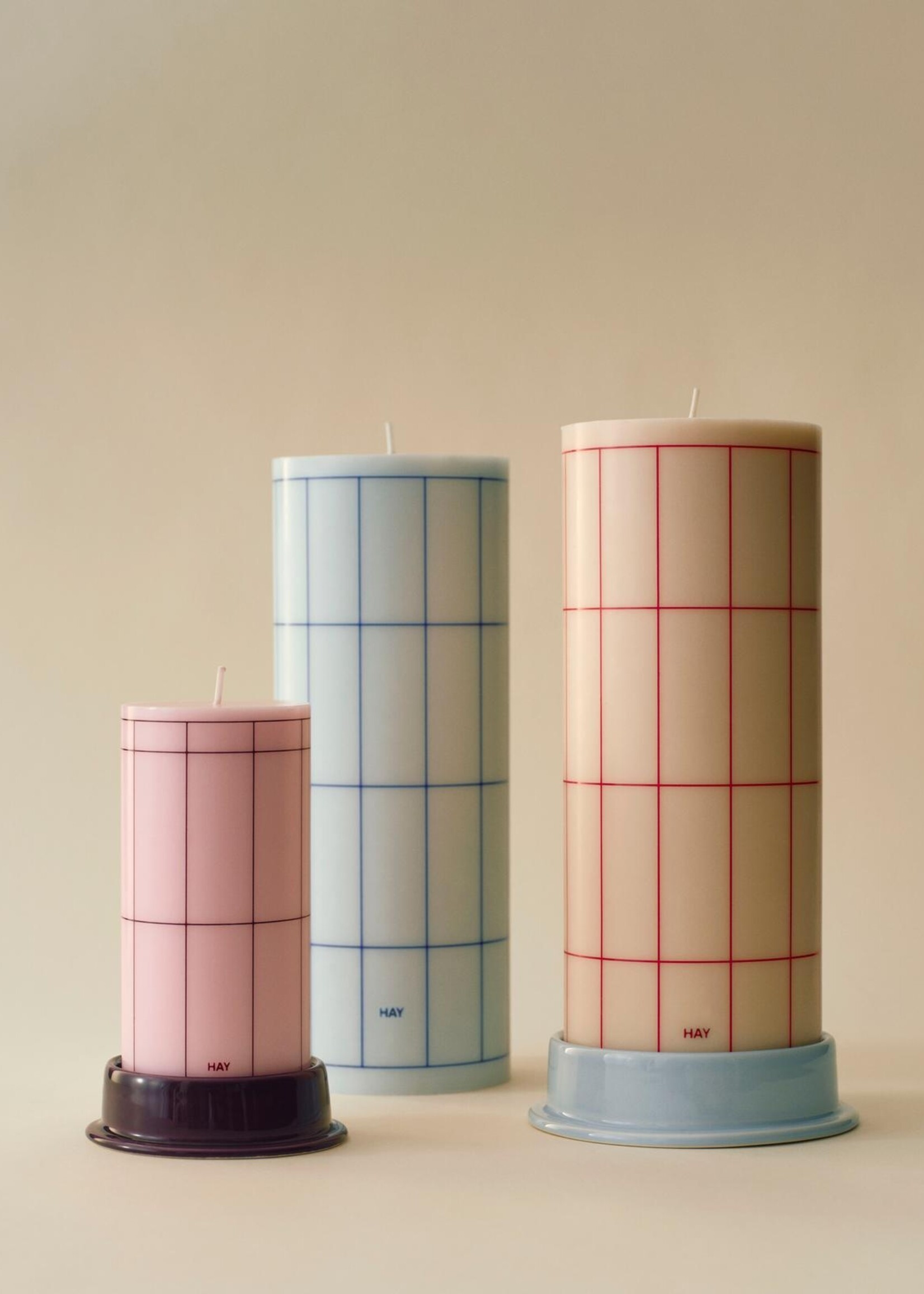 Hay Column Candle - Large - Light blue with blue grid check
