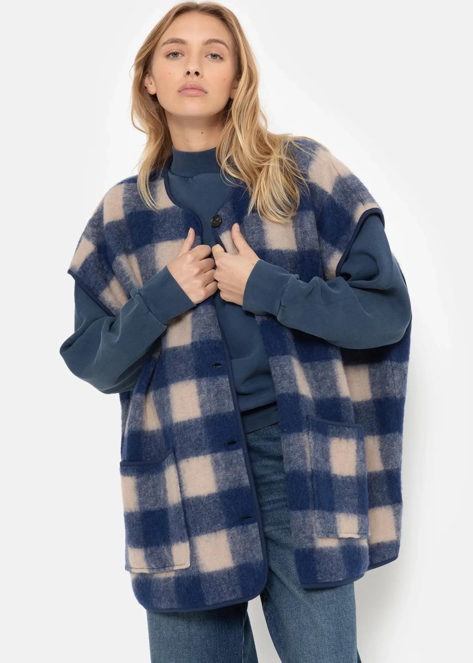 âme Ines - Blue Checked - Sleeveless Wooly Jacket