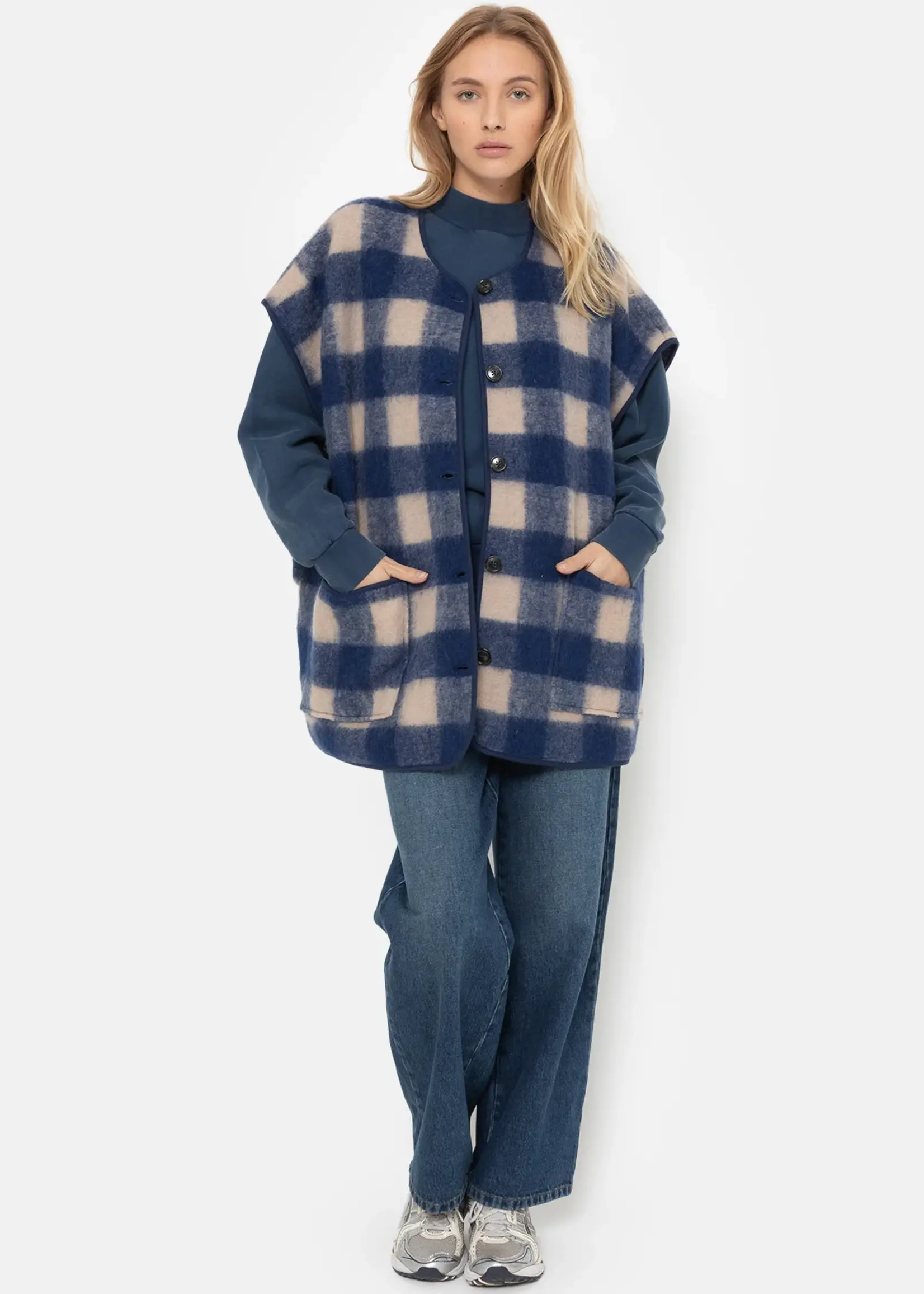 âme Ines - Blue Checked - Sleeveless Wooly Jacket