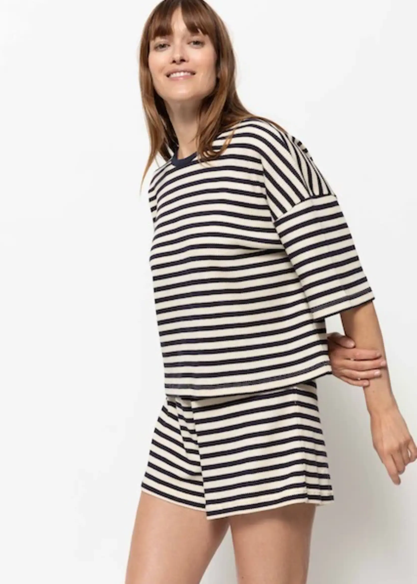 âme Klaxon - Striped Knit T-shirt - Blue&Ecru