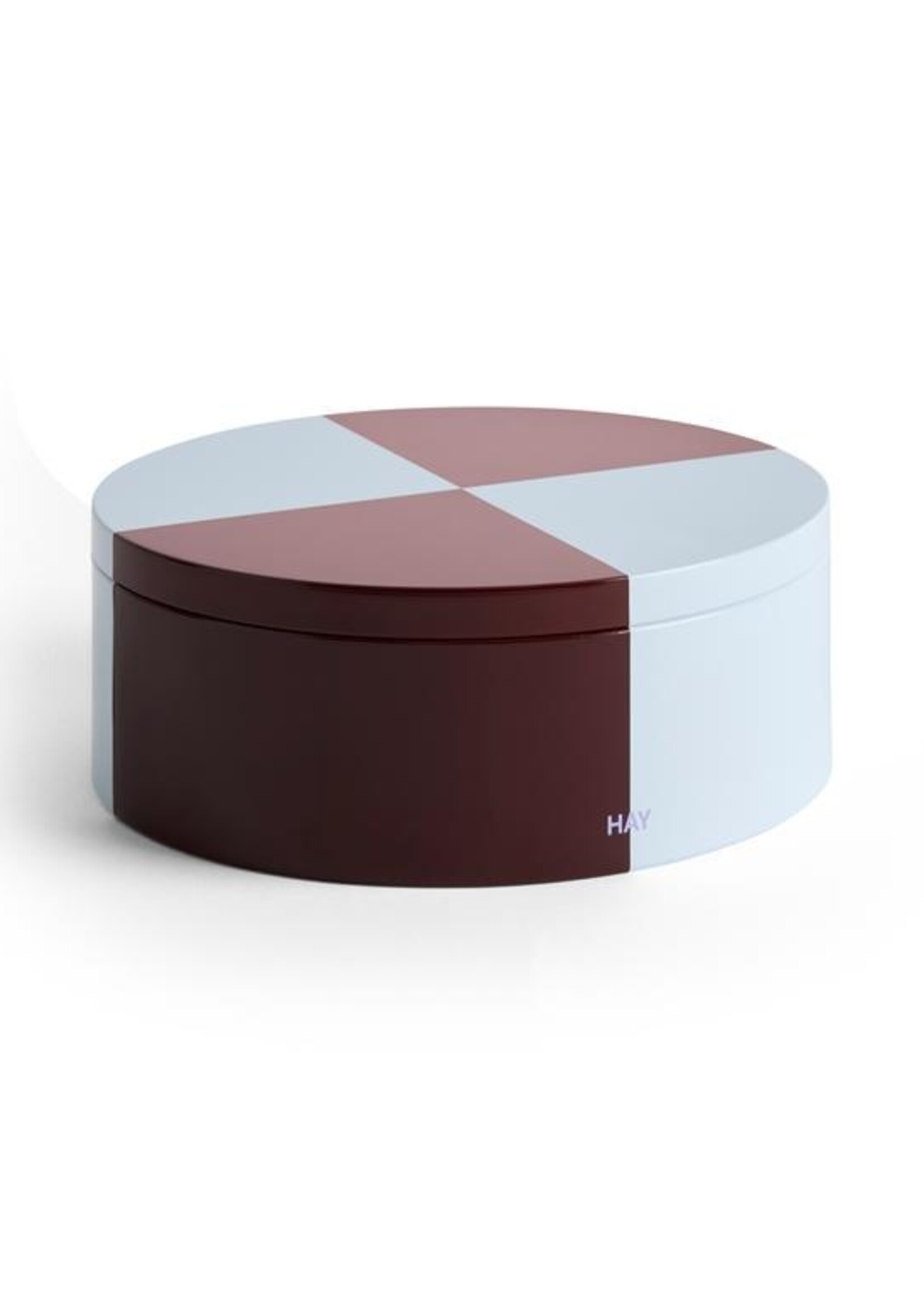 Hay Tin container - round - burgundy and ice blue