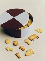 Hay Tin container - round - burgundy and ice blue