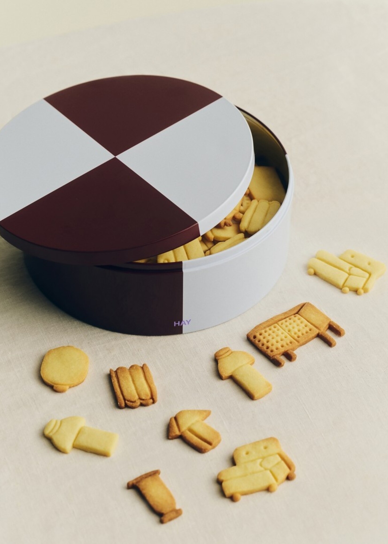 Hay Tin container - round - burgundy and ice blue