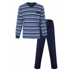 MEPYH15006A MEQ Heren Pyjama V hals Lange Mouw Gestreept Blauw.