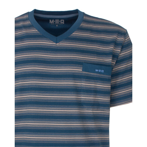 M.E.Q. MESAH16008A MEQ Heren Shortama Gestreept V-hals Petrol Blauw.