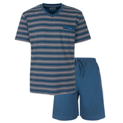 MESAH16008A MEQ Heren Shortama Gestreept V-hals Petrol Blauw.
