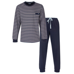 MEPYH16006A MEQ Heren Pyjama Gestreept Ronde Hals Donker Blauw.