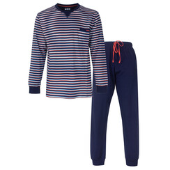 MEPYH16002A MEQ Heren Pyjama Gestreept Ronde Hals Blauw.