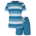 M.E.Q. MESAH16004A MEQ Heren Shortama Gestreept Ronde Hals Aqua Blauw.