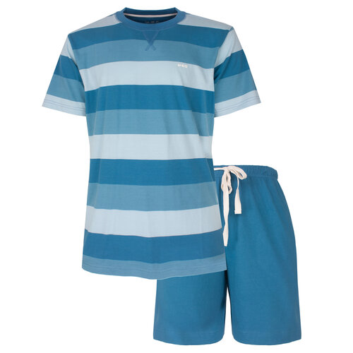 M.E.Q. MESAH16004A MEQ Heren Shortama Gestreept Ronde Hals Aqua Blauw.