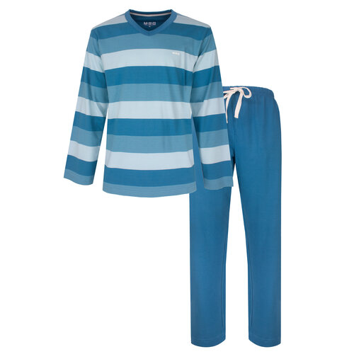 M.E.Q. MEPYH16004A MEQ Heren Pyjama Gestreept V-hals Aqua Blauw.