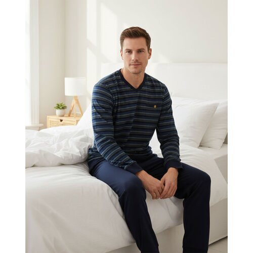 Paul Hopkins PHPYH16008A Paul Hopkins Heren Pyjama Gestreept V-hals Donker Blauw.