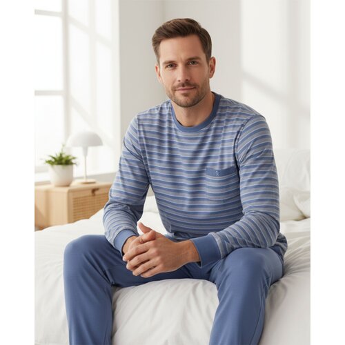 Paul Hopkins PHPYH16004A Paul Hopkins Heren Pyjama Gestreept Ronde Hals Licht Blauw.