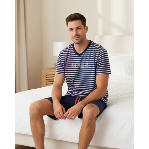 M.E.Q. MESAH16002A MEQ Heren Shortama Gestreept V-hals Blauw.