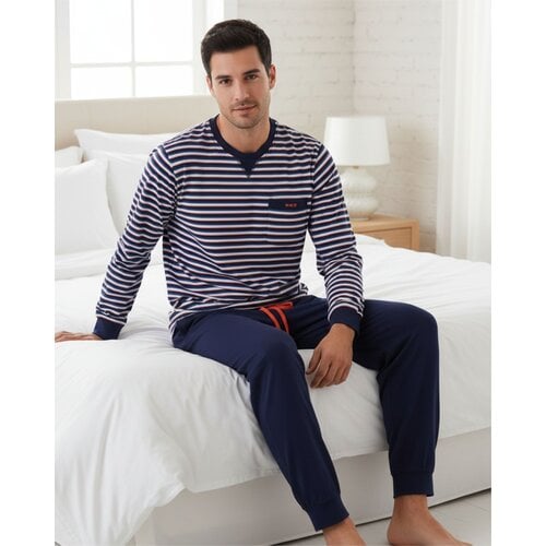 M.E.Q. MEPYH16002A MEQ Heren Pyjama Gestreept Ronde Hals Blauw.