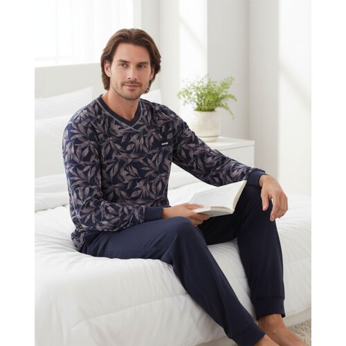 M.E.Q. MEPYH16005A MEQ Heren Pyjama V-hals Donker Blauw.