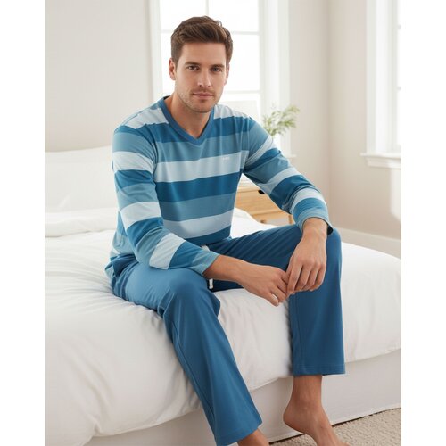 M.E.Q. MEPYH16004A MEQ Heren Pyjama Gestreept V-hals Aqua Blauw.