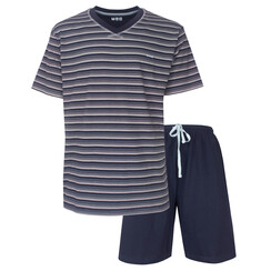 MESAH16006A MEQ Heren Shortama Gestreept V-hals Donker Blauw.