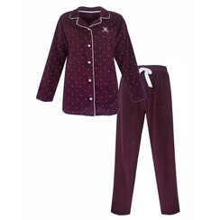 MEPYD26011A Medaillon Dames Velours Doorknoop Pyjama Donkerrood.
