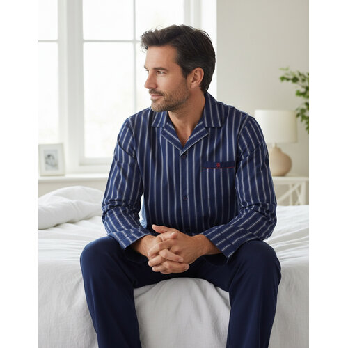 Paul Hopkins PHPYH26016A Paul Hopkins Heren Geweven Doorknoop Pyjama Donker Blauw.