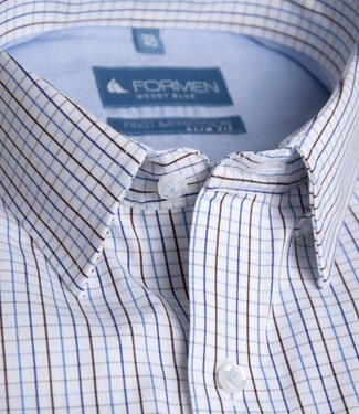FORMEN Slim fit bruin-blauw fijn geruit hemd