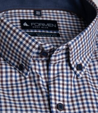 FORMEN Marine-bruin geruit hemd brushed twill