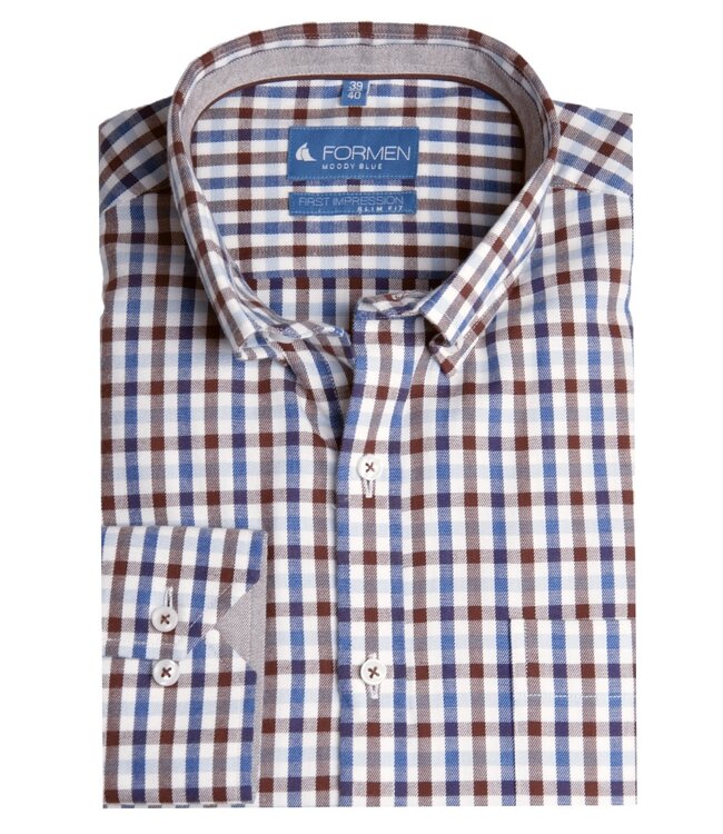 Slim fit jeansblauw-bruin geruit hemd 6