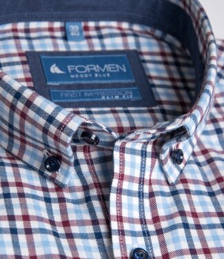 FORMEN Slim fit bordeaux-blauw geruit hemd in twill