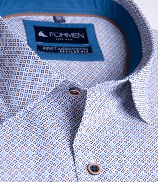 FORMEN Camel en blauw printhemd poplin