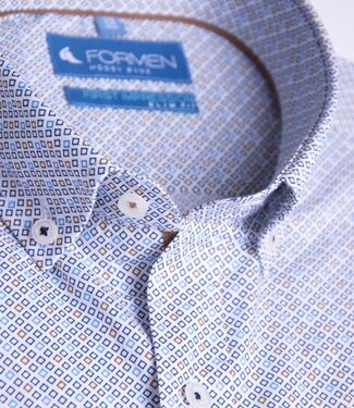 FORMEN Slim fit camel en blauw printhemd poplin