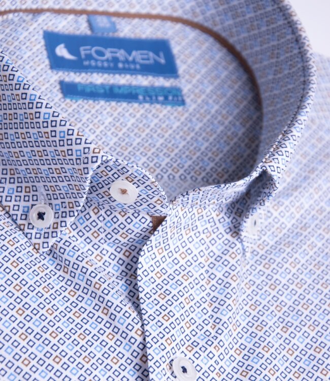 Slim fit camel en blauw printhemd poplin 1