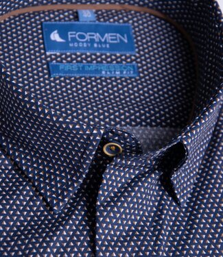 FORMEN Donkerblauw slim fit hemd met driehoek print