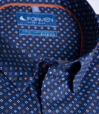 FORMEN Slim fit donkerblauw hemd met oranje accent