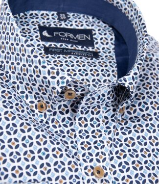FORMEN Blauw hemd met tegelmotief poplin