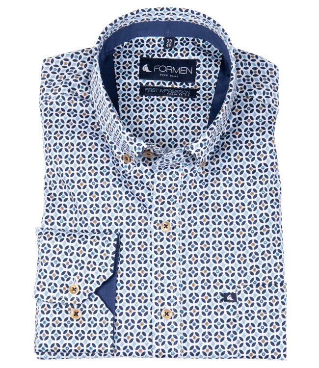 Blauw hemd met tegelmotief poplin 3