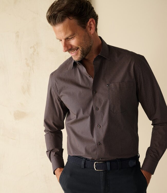 Donkerblauw-camel printhemd poplin 1