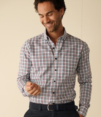 FORMEN Slim fit bordeaux-blauw geruit hemd in twill