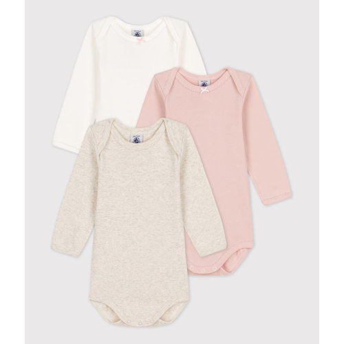 petit bateau set van 3 body's lange mouw wit,grijs,roos