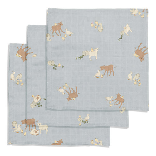 konges slojd 3 pack muslin cloth gots - farm blue